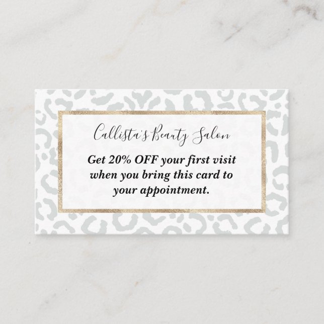 Elegant White Gray Leopard Cheetah Animal Print Discount Card (Front)