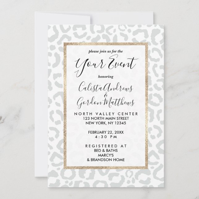 Elegant White Gray Leopard Cheetah Animal Print Invitation (Front)