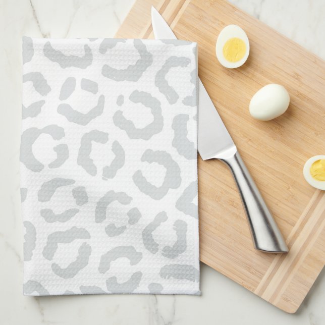 Elegant White Gray Leopard Cheetah Animal Print Kitchen Towel (Quarter Fold)
