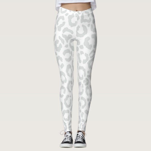 Elegant White Gray Leopard Cheetah Animal Print Leggings