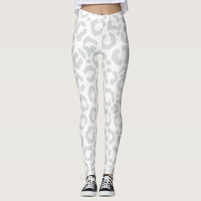 Elegant White Gray Leopard Cheetah Animal Print Leggings (Front)