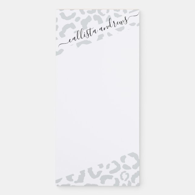 Elegant White Gray Leopard Cheetah Animal Print Magnetic Notepad (Front)