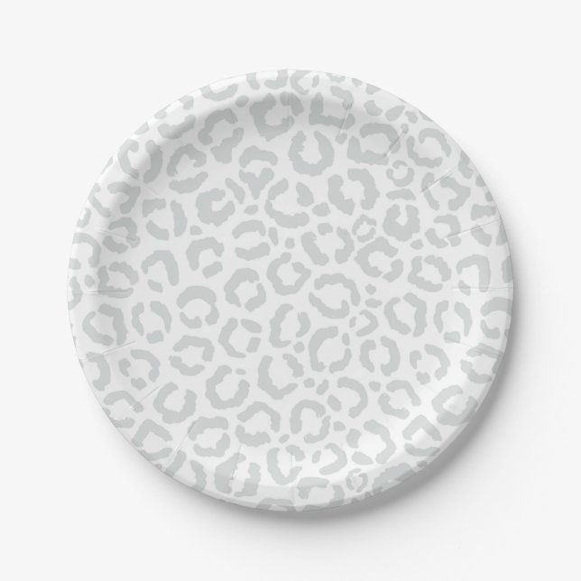 Elegant White Gray Leopard Cheetah Animal Print Paper Plates (Front)