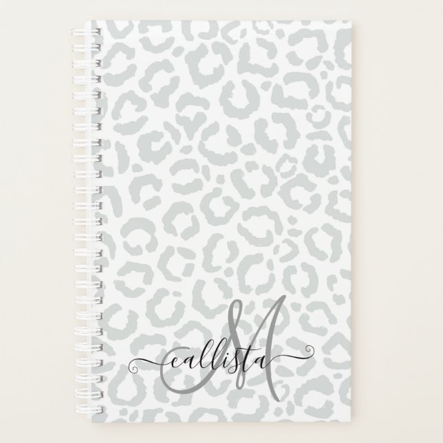 Elegant White Gray Leopard Cheetah Animal Print Planner (Front)