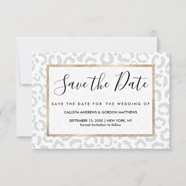 Elegant White Gray Leopard Cheetah Animal Print Save The Date (Front)