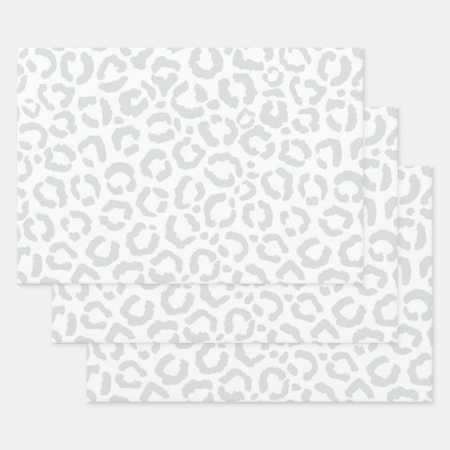 Elegant White Gray Leopard Cheetah Animal Print Wrapping Paper Sheets (Set)