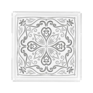 Elegant White Gray Mandala Tile Acrylic Tray