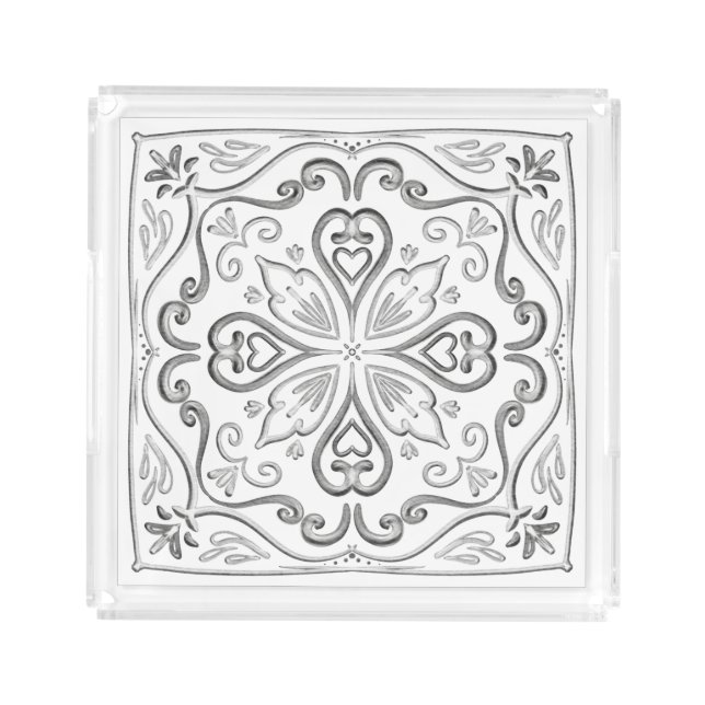 Elegant White Gray Mandala Tile Acrylic Tray (Front)
