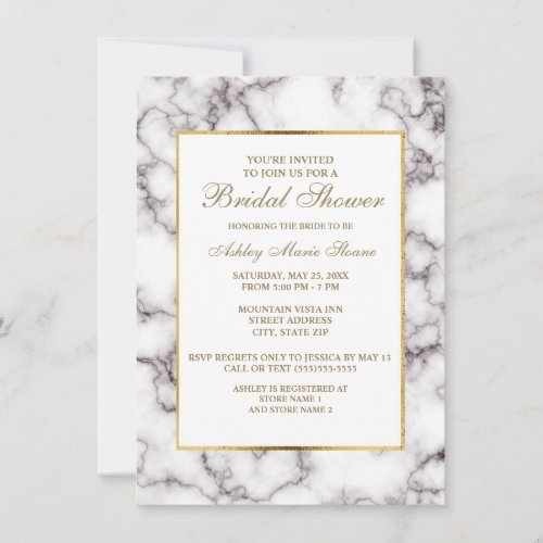 Elegant White Gray Marble Gold Trim Bridal Shower Invitation