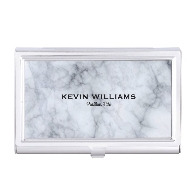 Elegant White & Gray Marble Texture Business Card Holder (Front)