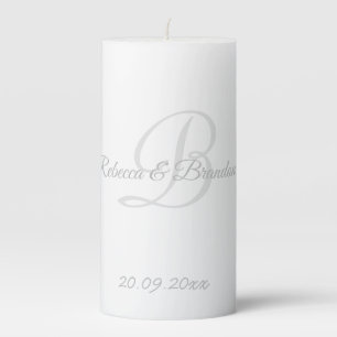 Elegant White Gray Monogram Wedding Pillar Candle