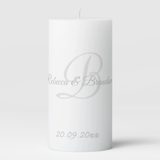 Elegant White Gray Monogram Wedding Pillar Candle (Front)