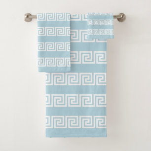 Elegant White Greek Pattern on Light Blue Bath Towel Set