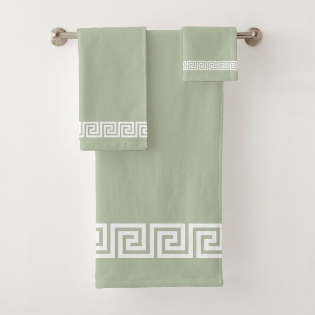 Elegant White Greek Pattern on Sage Green Bath Towel Set (Insitu)