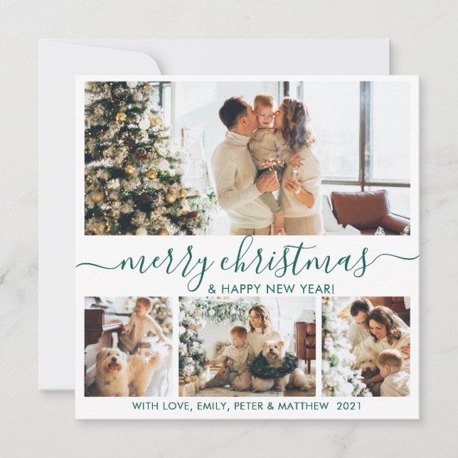 Elegant White Green 4 Photo Collage Christmas Holiday Card (Front)