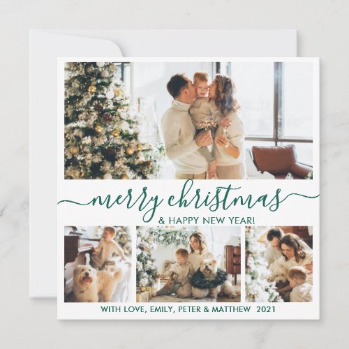 Elegant White Green 4 Photo Collage Christmas Holiday Card