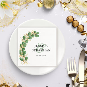 Elegant White Green and Gold Eucalyptus Wedding Napkins
