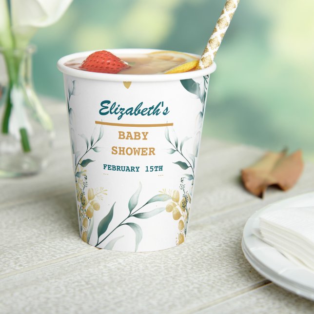 Elegant White & Green Baby Shower Paper Cups Templ (Elegant White & Green Baby Shower Paper Cups Template - Editable & Printable)