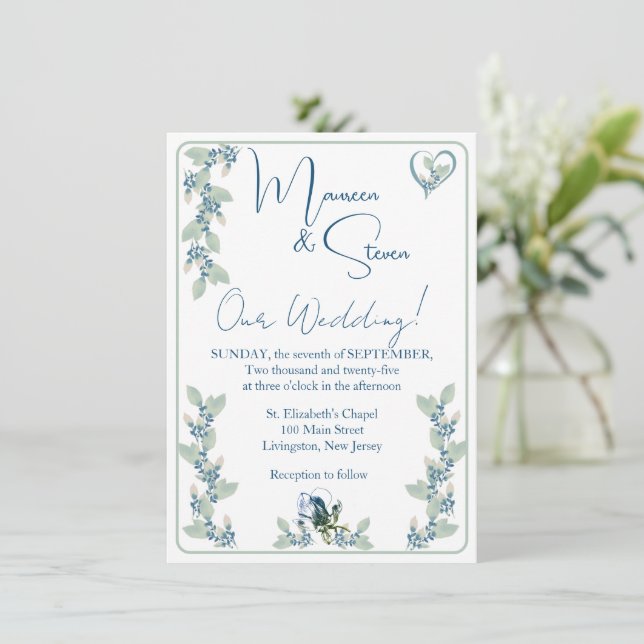 Elegant White, Green, & Blue Floral Wedding Invitation (Standing Front)