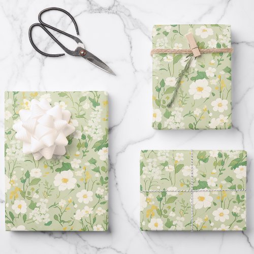 Elegant White & Green Botanical Floral Wrapping Paper Sheets