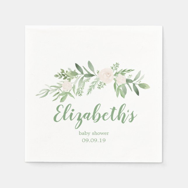 Elegant White & Green Floral Baby Shower Napkins (Front)