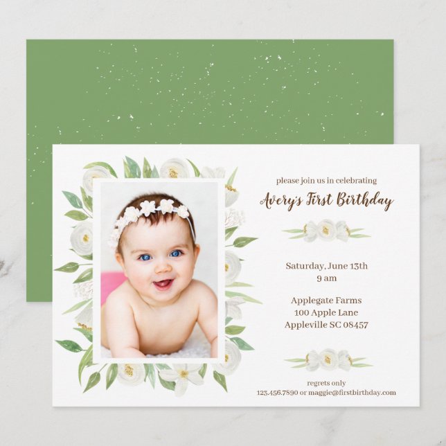 elegant White & Green Floral Baby's 1st Birthday Invitation (Front/Back)