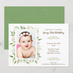 elegant White & Green Floral Baby's 1st Birthday Invitation