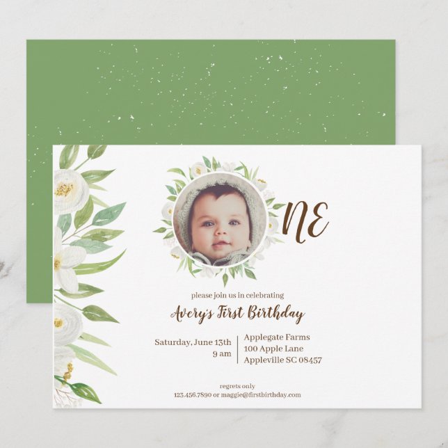 Elegant White & Green Floral Baby's 1st Birthday Invitation (Front/Back)