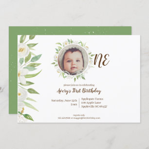 Elegant White & Green Floral Baby's 1st Birthday Invitation