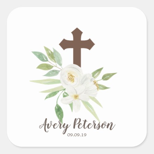 Elegant White  Green Floral Cross Holy Communion Square Sticker