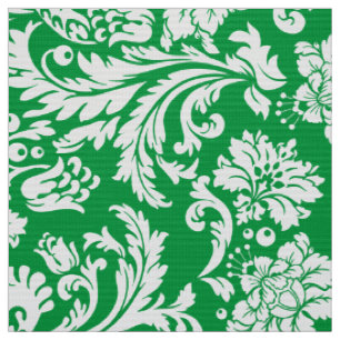 Elegant White & Green Floral Damasks Fabric