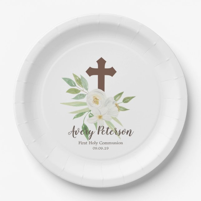 Elegant White & Green Floral First Holy Communion Paper Plates (Front)