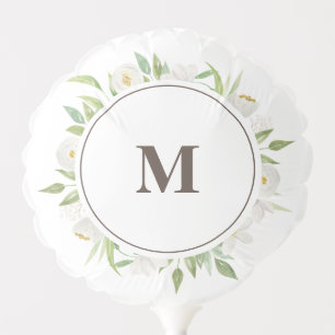 Elegant White & Green Floral Frame Monogram Balloon