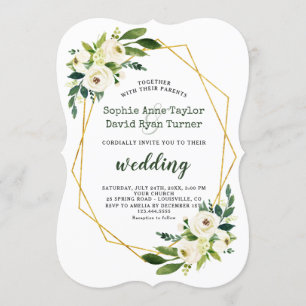 Elegant White Green Floral Gold Frame Wedding Invitation