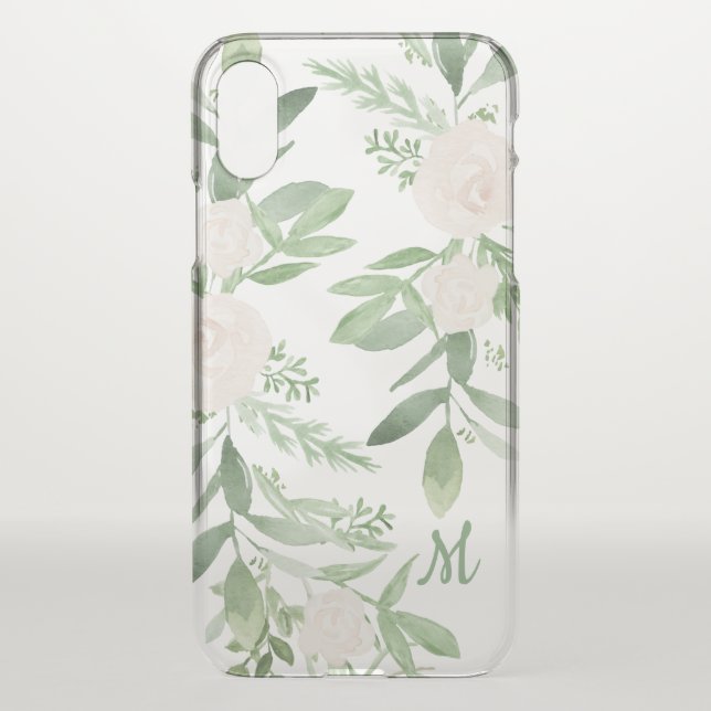 Elegant White & Green Floral Monogram Uncommon iPhone Case (Back)