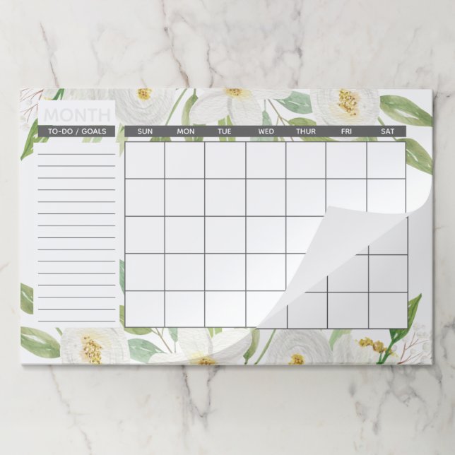 Elegant White & Green Floral  Monthly Calendar Paper Pad (Folded)