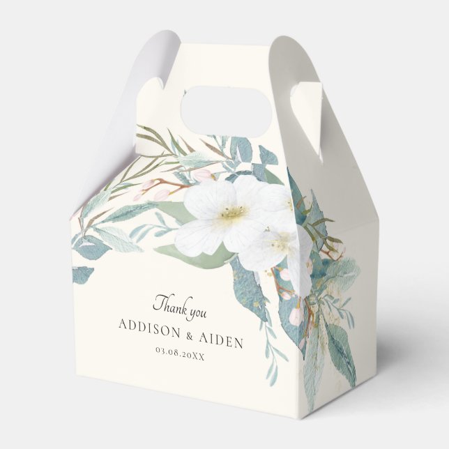 Elegant White Green Floral Wedding Favor Boxes (Front Side)
