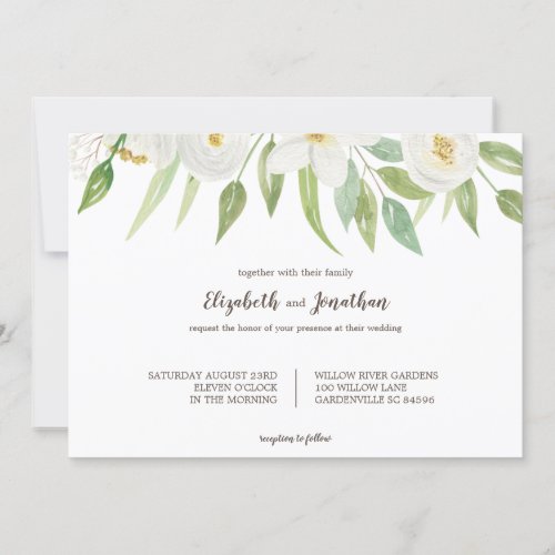 Elegant White  Green Floral Wedding Invitation