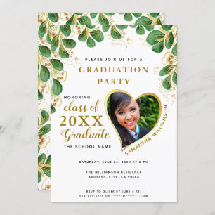Elegant White Green Gold 2025 Photo Graduation Invitation