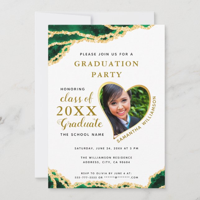 Elegant White Green Gold Agate 2025 Graduation Invitation (Front)