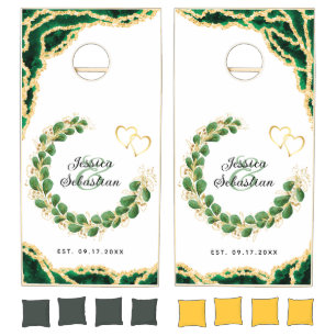 Elegant White Green & Gold Agate Wedding Party Cornhole Set