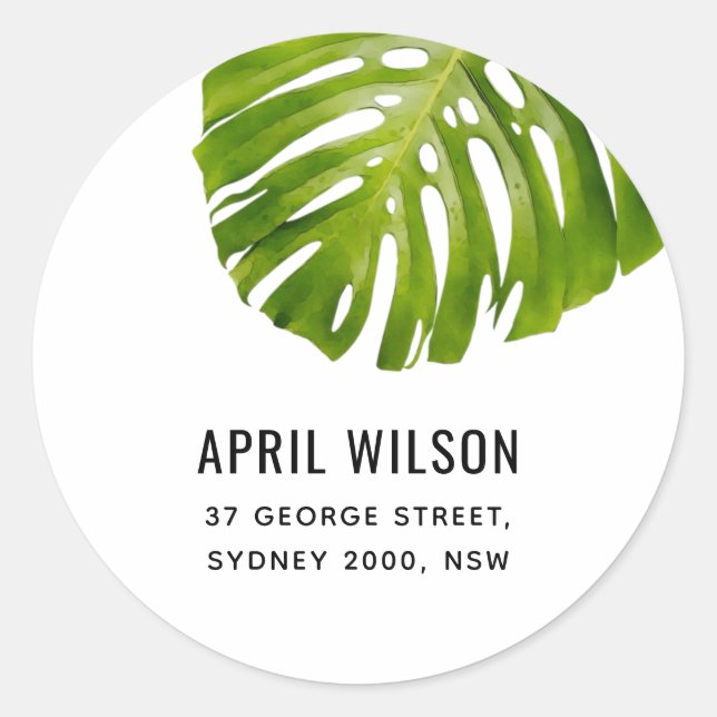 ELEGANT WHITE GREEN MONSTERA LEAF FOLIAGE ADDRESS CLASSIC ROUND STICKER (Front)