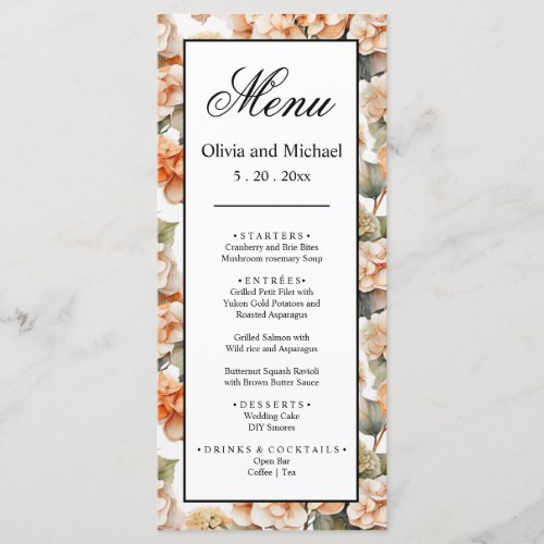 Elegant white green orange boho watercolor floral  menu