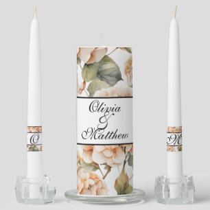 Elegant white green orange boho watercolor floral  unity candle set