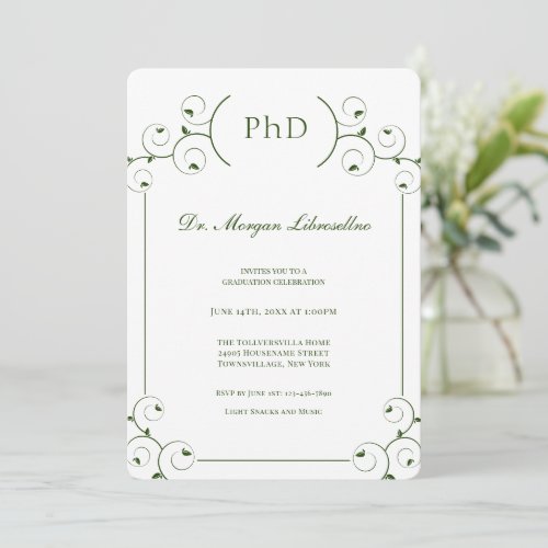 Elegant White Green PhD Graduation Invitation