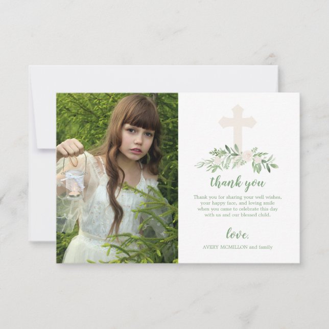 Elegant White & Green Rose First Holy Communion Thank You Card (Front)