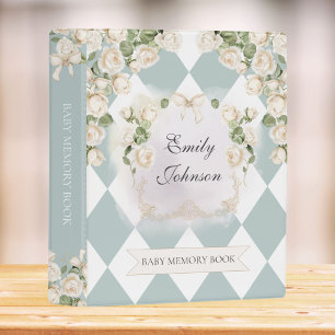 Elegant White Green Roses Baby Girl Memory Book Mini Binder