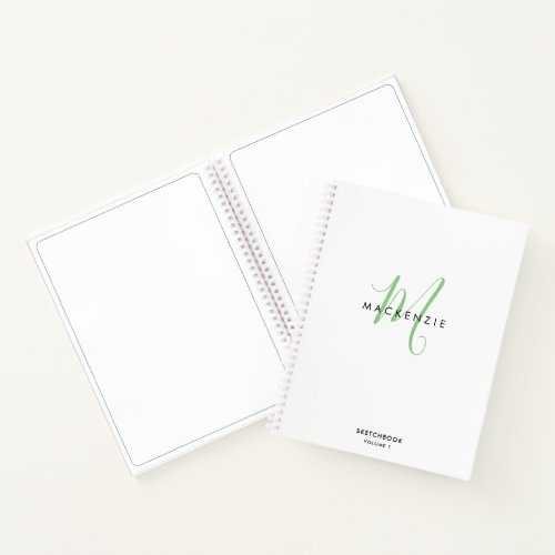 Elegant White Green Script Monogram Sketchbook Notebook