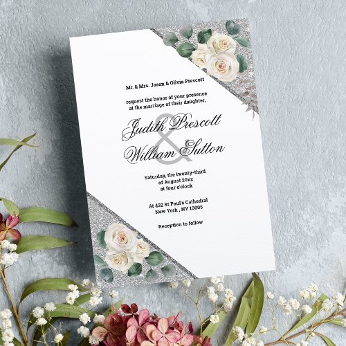 Elegant white green silver glitter floral wedding invitation