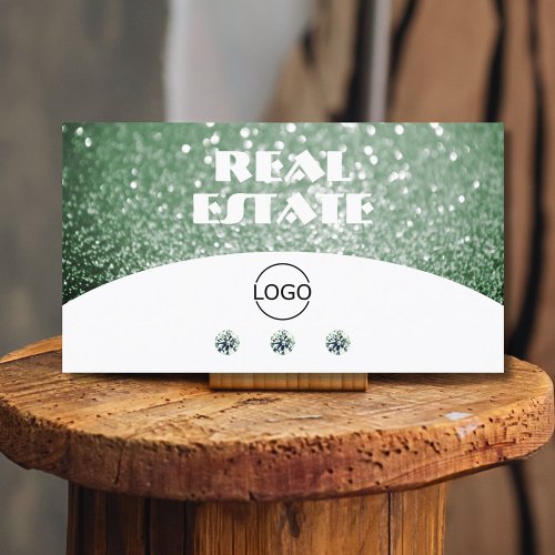 Elegant White Green Sparkle Glitter Diamonds Logo Business Card